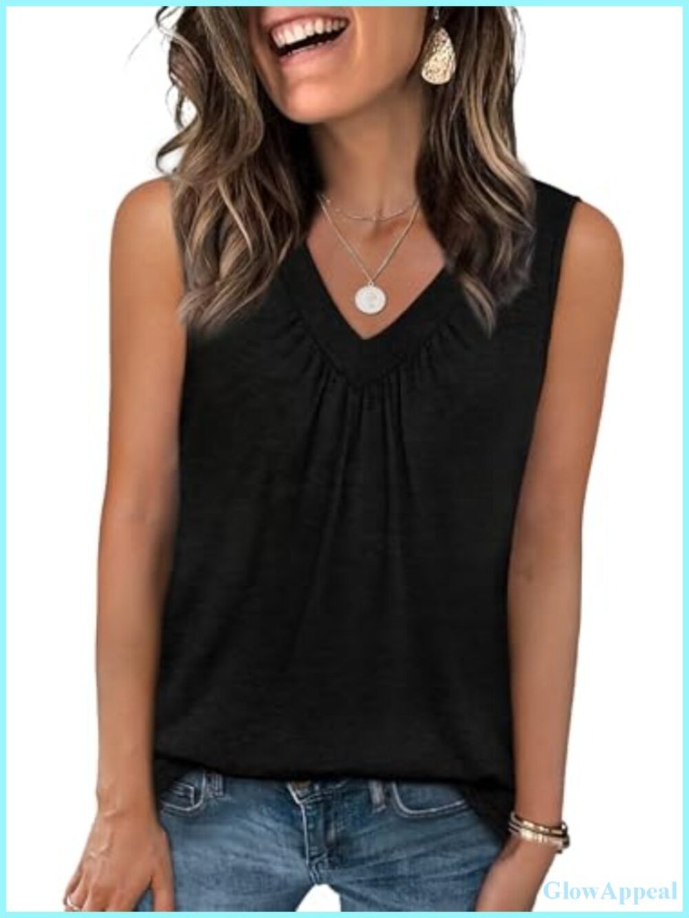 Loose Fit Sleeveless V Neck Tank Top Pleated Front Curved Hem Lightweight